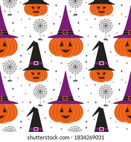 Halloween pumpkin in witch hat fancy seamless vector pattern. Cute wizard cap, pumpkin, spider web cartoon design element. Halloween holiday funny symbol set isolated on white background illustration