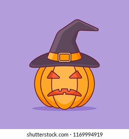 Halloween pumpkin in witch hat flat line icon. Vector illustration.