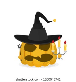 Halloween pumpkin with witch hat. Flat style icon. Vector illustration.