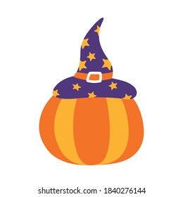 halloween pumpkin with witch hat flat style icon vector illustration design