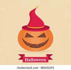 Halloween pumpkin with witch hat. Flat style icon. Vector illustration.