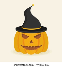 Halloween pumpkin with witch hat. Flat style icon. Vector illustration.