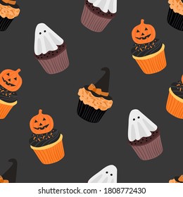 Halloween Pumpkin , witch hat and ghost cupcake illustration seamless pattern on dark gray background for wrapping paper, wallpaper or greeting card etc.