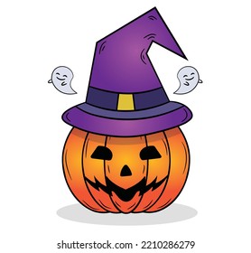 Halloween pumpkin in a witch hat with ghost vector illustration.