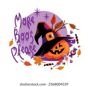 Halloween pumpkin in a witch hat. Happy Halloween card. Vector.