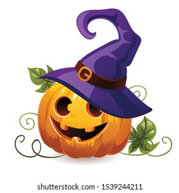 Halloween pumpkin in a witch hat. Isolated illustration on a white background.