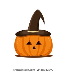 Calabaza de Halloween en sombrero de bruja aislado sobre fondo blanco. Ilustración vectorial.