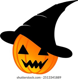 Halloween pumpkin with Witch Hat isolated on transparent background. Vector illustration