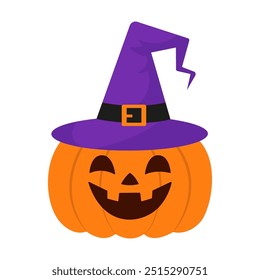 Halloween pumpkin with witch hat isolated on white background. Traditional symbol of Halloween - scary and funny pumpkin in mystery hat. Vector Illustration