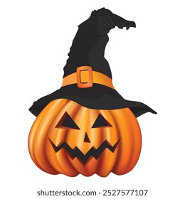 Halloween pumpkin with Witch hat isolated on white background.