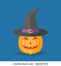 Halloween pumpkin with witch hat isolated on blue background. Flat style icon. Vector illustration.