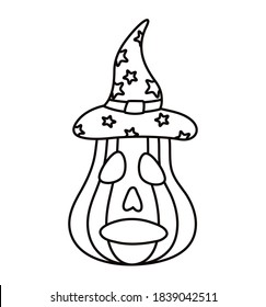 halloween pumpkin with witch hat line style icon vector illustration design