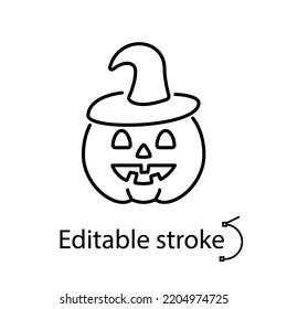 Halloween pumpkin with witch hat line icon. Happy halloween design. Season october holiday. Funny party decoration. Customizable symbol. Editable stroke. Isolated vector stock illustration