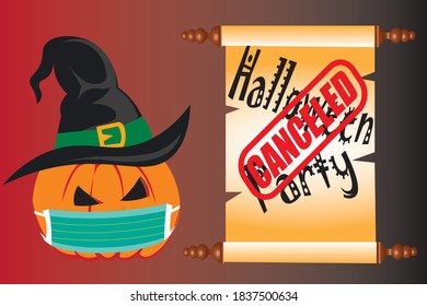 Halloween pumpkin with witch hat and mask. Sign the party is canceled. Halloween and covid concetion
