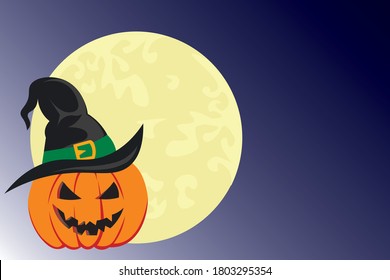 Halloween pumpkin witch hat and moon background banner. Vector design illustration concept