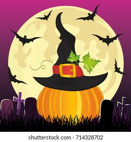 Halloween. Pumpkin in witch hat with the moon and bats. Vector. The concept of an invitation to a party in traditional colors with a place for your text. Tombstones