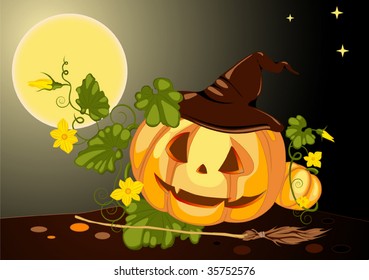 halloween pumpkin with witch hat at night