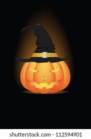 Halloween pumpkin in witch hat on black background