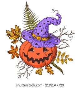 Halloween Pumpkin with witch hat on. Halloween bouquet with pumpkin and autumn leaves. Hand drawn vector illustration. Jack o Lantern. Design for the holiday Halloween.