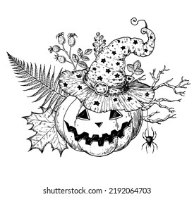 Halloween Pumpkin with witch hat on sketch. Halloween bouquet with pumpkin and autumn leaves. Hand drawn vector illustration. Jack o Lantern. Design for the holiday Halloween.