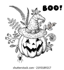 Halloween Pumpkin with witch hat on sketch. Halloween bouquet with pumpkin and autumn leaves. Hand drawn vector illustration. Jack o Lantern. Design for the holiday Halloween.