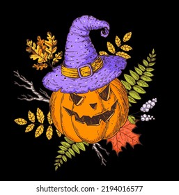 Halloween Pumpkin with witch hat on. Halloween bouquet with pumpkin and autumn leaves. Hand drawn vector illustration. Jack o Lantern. Design for the holiday Halloween.