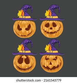 Halloween Pumpkin With Witch Hat Realistic Vector Art, Icon, Set Illustration, For T shirt Design