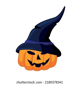 Halloween pumpkin in a witch hat and with a scary face. Isolated object on a white background.