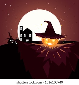 halloween pumpkin with witch hat in scene of halloween