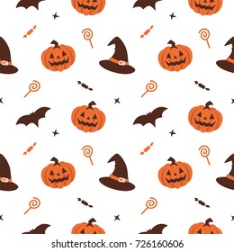 halloween pumpkin witch hat seamless pattern background vector with trick or treat candy and bat illustration