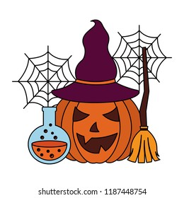 halloween pumpkin with witch hat and set icons