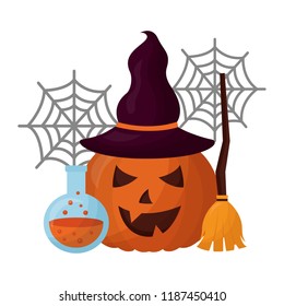 halloween pumpkin with witch hat and set icons
