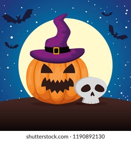halloween pumpkin with witch hat and skull