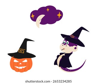 Halloween Pumpkin in Witch Hat Witch Snake in Black Cape and Crescent Cloud and Stars Halloween Set