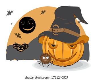 Halloween pumpkin in witch hat and spider on night monn bats background. Picture in hand drawing style, for t-shirt wear fashion print design, greeting card, postcard. party invitation