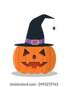 Halloween pumpkin with witch hat and spider. Vector illustration flat design.