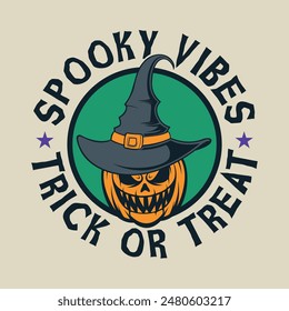 Halloween pumpkin and witch hat spooky vibes vintage logo