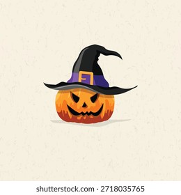 Calabaza de Halloween con un sombrero de bruja. Cara de calabaza espeluznante, sombrero de bruja y tema de Halloween. Perfecto para la decoración de Halloween con un sombrero de bruja y calabaza. Ilustración vectorial de fondo de Halloween.