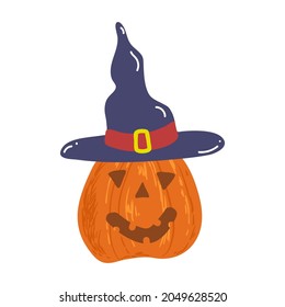 Halloween. Pumpkin with witch hat. Template for packaging, greeting card, banner, poster, print, web design. Hand Drawn vector illustration.