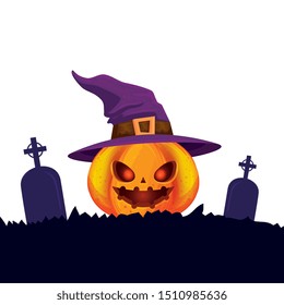 halloween pumpkin with witch hat and tombs