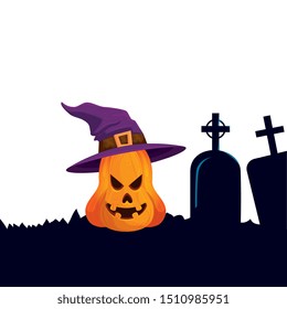 halloween pumpkin with witch hat and tombs