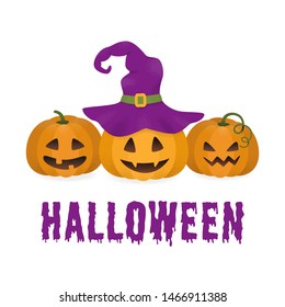 Halloween pumpkin with witch hat. Vector illustration in cartoon style
