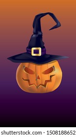 halloween pumpkin with witch hat vector illustration