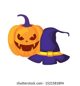 halloween pumpkin with witch hat vector illustration design
