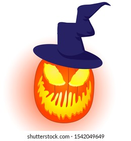 Halloween pumpkin with witch hat; vector illustration; white background 