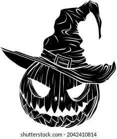 Halloween pumpkin in witch hat vector cartoon illustration