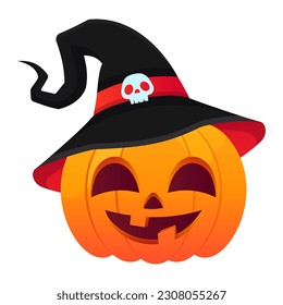 Halloween pumpkin with witch hat, vector illustration