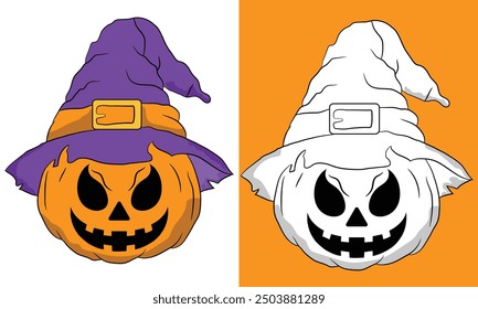 Halloween pumpkin witch hat vector design,Pumpkin chucky Halloween pumpkin hat.
