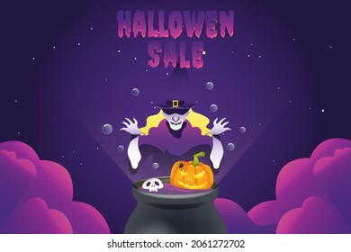 Halloween Pumpkin and witch sale 50 percent off discount concept. Banner and background vector illustration