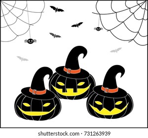 Halloween pumpkin in witches hat. - Illustration,Eye, Halloween, Hat, Holiday - Event, Human Eye,spider,cobweb,bat